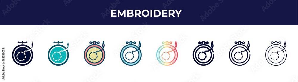 embroidery icon in 8 styles. line, filled, glyph, thin outline, colorful, stroke and gradient styles, embroidery vector sign. symbol, logo illustration. different style icons set. embroidery icon in 8 styles. line, filled, glyph, thin outline, colorful, stroke and gradient styles, embroidery vector sign. symbol, logo illustration. different style icons set.