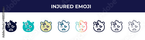 injured emoji icon in 8 styles. line, filled, glyph, thin outline, colorful, stroke and gradient styles, injured emoji vector sign. symbol, logo illustration. different style icons set.