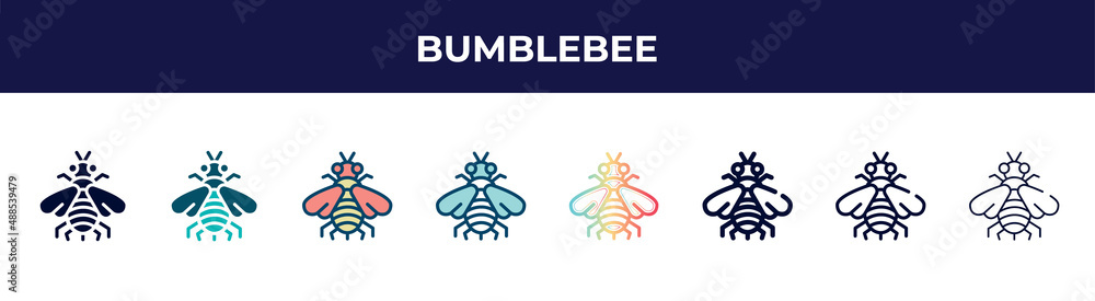 bumblebee icon in 8 styles. line, filled, glyph, thin outline, colorful, stroke and gradient styles, bumblebee vector sign. symbol, logo illustration. different style icons set. bumblebee icon in 8 styles. line, filled, glyph, thin outline, colorful, stroke and gradient styles, bumblebee vector sign. symbol, logo illustration. different style icons set.