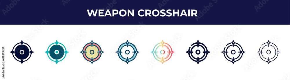 weapon crosshair icon in 8 styles. line, filled, glyph, thin outline, colorful, stroke and gradient styles, weapon crosshair vector sign. symbol, logo illustration. different style icons set.
