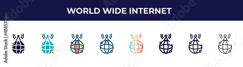world wide internet icon in 8 styles. line, filled, glyph, thin outline, colorful, stroke and gradient styles, world wide internet vector sign. symbol, logo illustration. different style icons set.