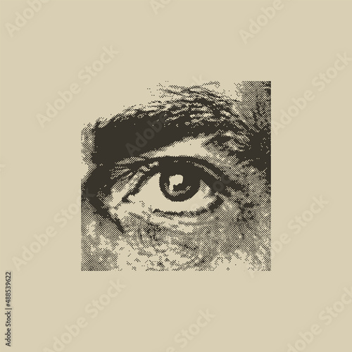 A square banner with a human eye and an eyebrow in close-up, made of black dots on an old paper background. Monochrome vector illustration with a wide-open eye in retro style.