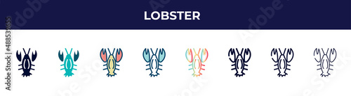 lobster icon in 8 styles. line, filled, glyph, thin outline, colorful, stroke and gradient styles, lobster vector sign. symbol, logo illustration. different style icons set.