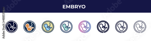 embryo icon in 8 styles. line, filled, glyph, thin outline, colorful, stroke and gradient styles, embryo vector sign. symbol, logo illustration. different style icons set.