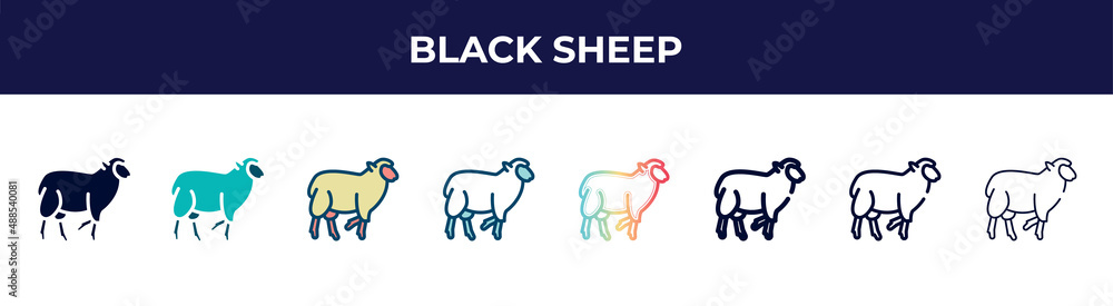 black sheep icon in 8 styles. line, filled, glyph, thin outline, colorful, stroke and gradient styles, black sheep vector sign. symbol, logo illustration. different style icons set.