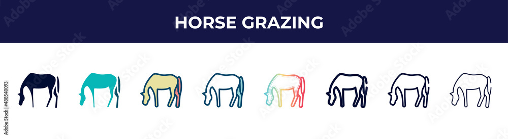 horse grazing icon in 8 styles. line, filled, glyph, thin outline, colorful, stroke and gradient styles, horse grazing vector sign. symbol, logo illustration. different style icons set. horse grazing icon in 8 styles. line, filled, glyph, thin outline, colorful, stroke and gradient styles, horse grazing vector sign. symbol, logo illustration. different style icons set.