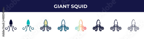 giant squid icon in 8 styles. line, filled, glyph, thin outline, colorful, stroke and gradient styles, giant squid vector sign. symbol, logo illustration. different style icons set.