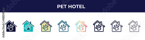 pet hotel icon in 8 styles. line, filled, glyph, thin outline, colorful, stroke and gradient styles, pet hotel vector sign. symbol, logo illustration. different style icons set.