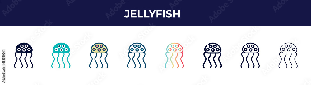 jellyfish icon in 8 styles. line, filled, glyph, thin outline, colorful, stroke and gradient styles, jellyfish vector sign. symbol, logo illustration. different style icons set. jellyfish icon in 8 styles. line, filled, glyph, thin outline, colorful, stroke and gradient styles, jellyfish vector sign. symbol, logo illustration. different style icons set.