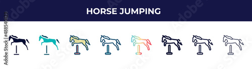 horse jumping icon in 8 styles. line, filled, glyph, thin outline, colorful, stroke and gradient styles, horse jumping vector sign. symbol, logo illustration. different style icons set.