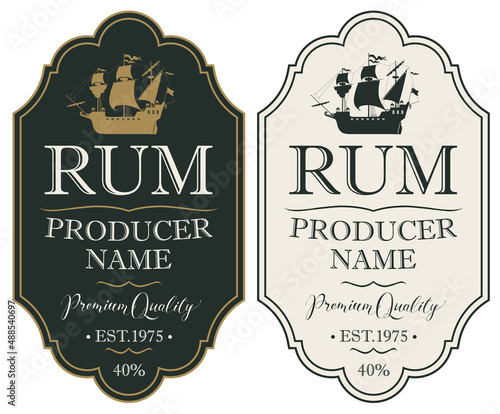 Set of vector labels for rum in retro style with old sailing ships and inscriptions in a figured frames. Collection of strong alcoholic beverages premium quality, iced in oak