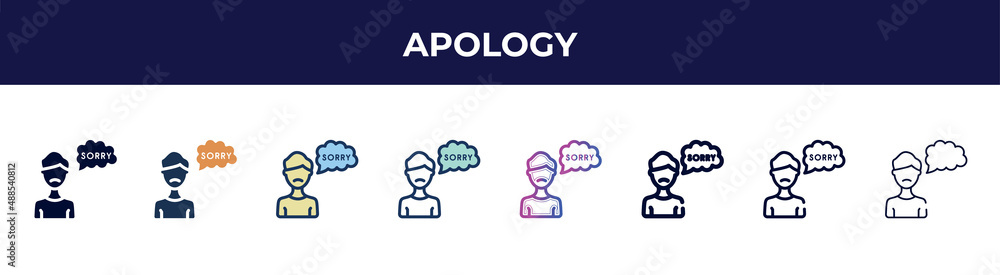 apology icon in 8 styles. line, filled, glyph, thin outline, colorful, stroke and gradient styles, apology vector sign. symbol, logo illustration. different style icons set. apology icon in 8 styles. line, filled, glyph, thin outline, colorful, stroke and gradient styles, apology vector sign. symbol, logo illustration. different style icons set.