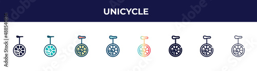 unicycle icon in 8 styles. line, filled, glyph, thin outline, colorful, stroke and gradient styles, unicycle vector sign. symbol, logo illustration. different style icons set.