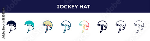 jockey hat icon in 8 styles. line, filled, glyph, thin outline, colorful, stroke and gradient styles, jockey hat vector sign. symbol, logo illustration. different style icons set.
