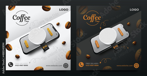 Coffee shop drink promotion on mobile social media post concept banner template