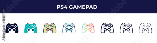 ps4 gamepad icon in 8 styles. line, filled, glyph, thin outline, colorful, stroke and gradient styles, ps4 gamepad vector sign. symbol, logo illustration. different style icons set.