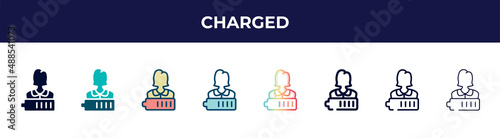 charged icon in 8 styles. line, filled, glyph, thin outline, colorful, stroke and gradient styles, charged vector sign. symbol, logo illustration. different style icons set.