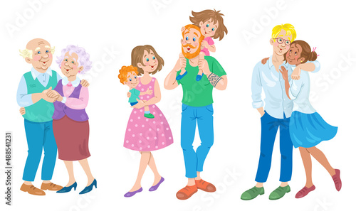 Happy family. Couples of men and women of different ages and nationalities. In cartoon style. Isolated on white background. Vector illustration.