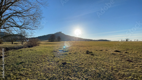landscape in the evening, the Burg Hohenzollern with sunset 
