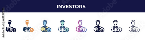 investors icon in 8 styles. line, filled, glyph, thin outline, colorful, stroke and gradient styles, investors vector sign. symbol, logo illustration. different style icons set.