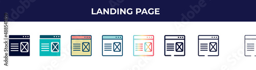 landing page icon in 8 styles. line, filled, glyph, thin outline, colorful, stroke and gradient styles, landing page vector sign. symbol, logo illustration. different style icons set.