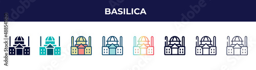 basilica icon in 8 styles. line, filled, glyph, thin outline, colorful, stroke and gradient styles, basilica vector sign. symbol, logo illustration. different style icons set.