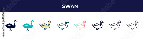 swan icon in 8 styles. line, filled, glyph, thin outline, colorful, stroke and gradient styles, swan vector sign. symbol, logo illustration. different style icons set.