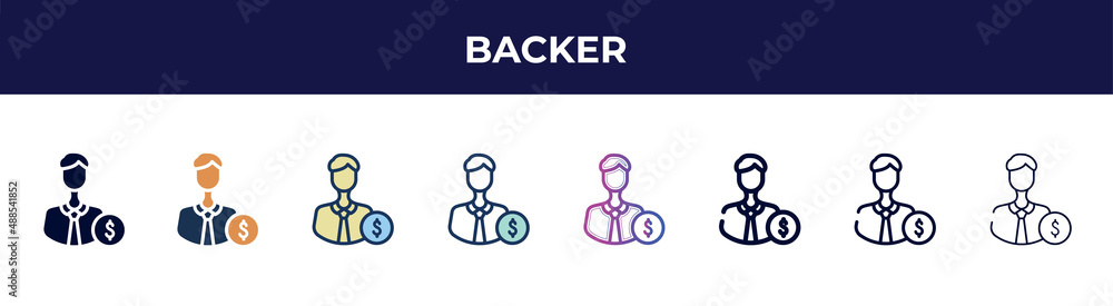 backer icon in 8 styles. line, filled, glyph, thin outline, colorful, stroke and gradient styles, backer vector sign. symbol, logo illustration. different style icons set. backer icon in 8 styles. line, filled, glyph, thin outline, colorful, stroke and gradient styles, backer vector sign. symbol, logo illustration. different style icons set.