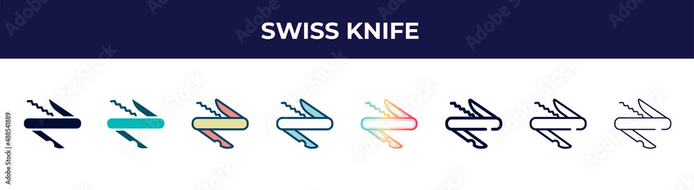 swiss knife icon in 8 styles. line, filled, glyph, thin outline, colorful, stroke and gradient styles, swiss knife vector sign. symbol, logo illustration. different style icons set.