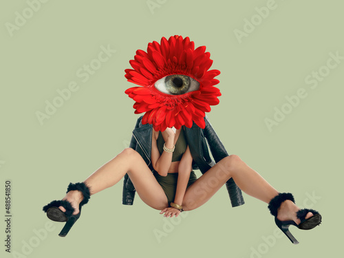 Contemporary art collage with young slim girl headed of red flower with open eye inside it on light background. Modern design. Concept of beauty, art, vision, fashion photo