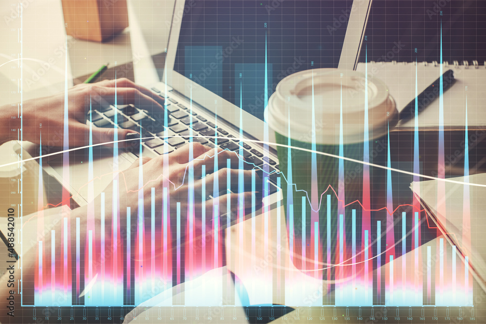 Double exposure of woman hands typing on computer and forex chart hologram drawing. Stock market invest concept. Double exposure of woman hands typing on computer and forex chart hologram drawing. Stock market invest concept.