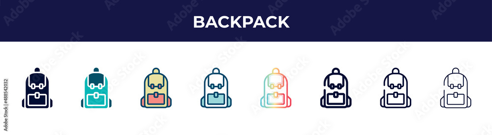 backpack icon in 8 styles. line, filled, glyph, thin outline, colorful, stroke and gradient styles, backpack vector sign. symbol, logo illustration. different style icons set. backpack icon in 8 styles. line, filled, glyph, thin outline, colorful, stroke and gradient styles, backpack vector sign. symbol, logo illustration. different style icons set.