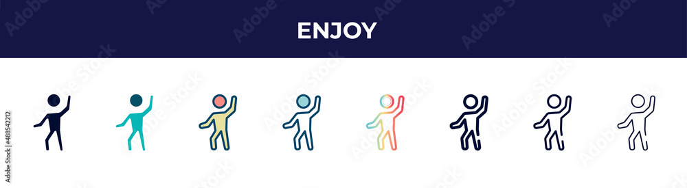 enjoy icon in 8 styles. line, filled, glyph, thin outline, colorful, stroke and gradient styles, enjoy vector sign. symbol, logo illustration. different style icons set. enjoy icon in 8 styles. line, filled, glyph, thin outline, colorful, stroke and gradient styles, enjoy vector sign. symbol, logo illustration. different style icons set.