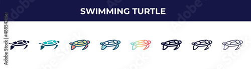 swimming turtle icon in 8 styles. line, filled, glyph, thin outline, colorful, stroke and gradient styles, swimming turtle vector sign. symbol, logo illustration. different style icons set.