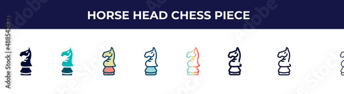 horse head chess piece icon in 8 styles. line, filled, glyph, thin outline, colorful, stroke and gradient styles, horse head chess piece vector sign. symbol, logo illustration. different style icons
