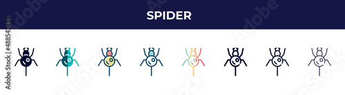spider icon in 8 styles. line, filled, glyph, thin outline, colorful, stroke and gradient styles, spider vector sign. symbol, logo illustration. different style icons set.
