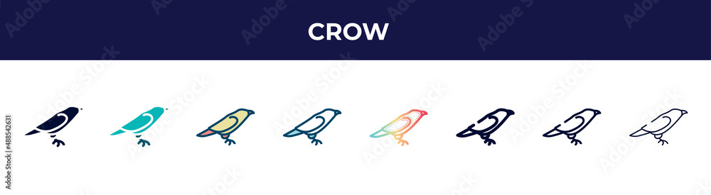 crow icon in 8 styles. line, filled, glyph, thin outline, colorful, stroke and gradient styles, crow vector sign. symbol, logo illustration. different style icons set. crow icon in 8 styles. line, filled, glyph, thin outline, colorful, stroke and gradient styles, crow vector sign. symbol, logo illustration. different style icons set.