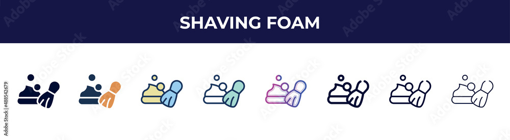 Fototapeta premium shaving foam icon in 8 styles. line, filled, glyph, thin outline, colorful, stroke and gradient styles, shaving foam vector sign. symbol, logo illustration. different style icons set.