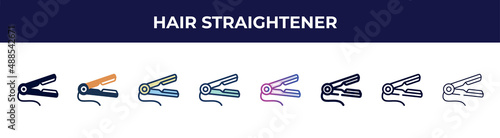 hair straightener icon in 8 styles. line, filled, glyph, thin outline, colorful, stroke and gradient styles, hair straightener vector sign. symbol, logo illustration. different style icons set.
