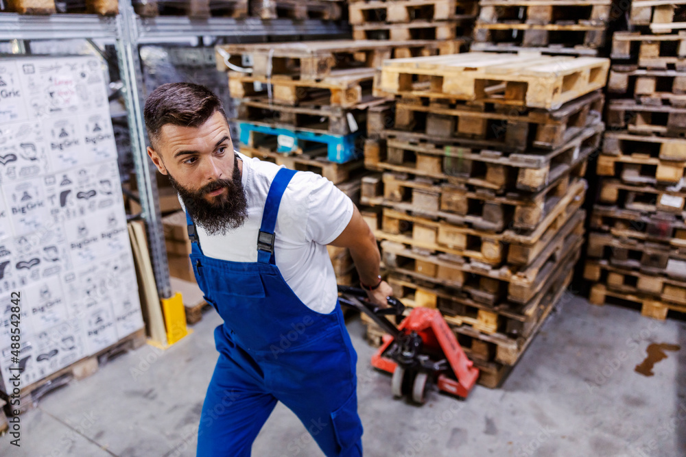 A storage worker is pulling a pile of pallets on a forklift. A storage worker is pulling a pile of pallets on a forklift.