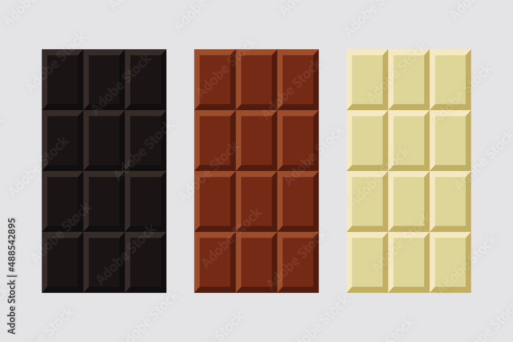 White, Milk and Dark Black Chocolate Bar Icon Set Closeup Isolated on grey Background. Design Template. Chocolate bar package packaging blank pack vector illustration background design. White, Milk and Dark Black Chocolate Bar Icon Set Closeup Isolated on grey Background. Design Template. Chocolate bar package packaging blank pack vector illustration background design.