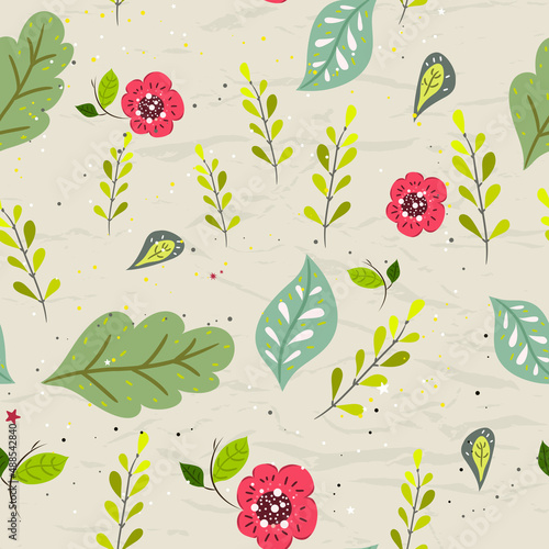 Seamless pastel pattern with floral elements on crumpled paper background.