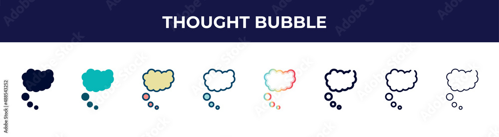 thought bubble icon in 8 styles. line, filled, glyph, thin outline, colorful, stroke and gradient styles, thought bubble vector sign. symbol, logo illustration. different style icons set. thought bubble icon in 8 styles. line, filled, glyph, thin outline, colorful, stroke and gradient styles, thought bubble vector sign. symbol, logo illustration. different style icons set.
