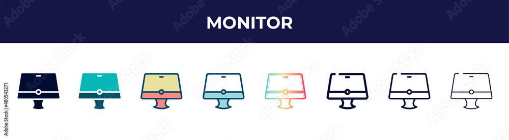 monitor icon in 8 styles. line, filled, glyph, thin outline, colorful, stroke and gradient styles, monitor vector sign. symbol, logo illustration. different style icons set. monitor icon in 8 styles. line, filled, glyph, thin outline, colorful, stroke and gradient styles, monitor vector sign. symbol, logo illustration. different style icons set.
