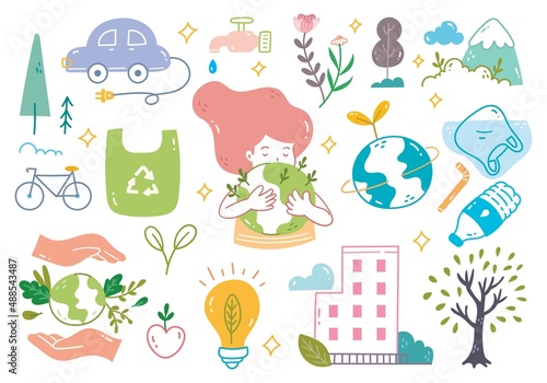 Set of Save Our Planet Concept Doodle Vector Illustration