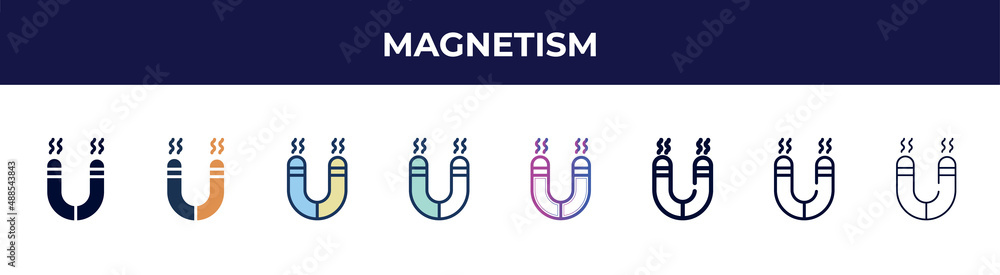 magnetism icon in 8 styles. line, filled, glyph, thin outline, colorful, stroke and gradient styles, magnetism vector sign. symbol, logo illustration. different style icons set. magnetism icon in 8 styles. line, filled, glyph, thin outline, colorful, stroke and gradient styles, magnetism vector sign. symbol, logo illustration. different style icons set.