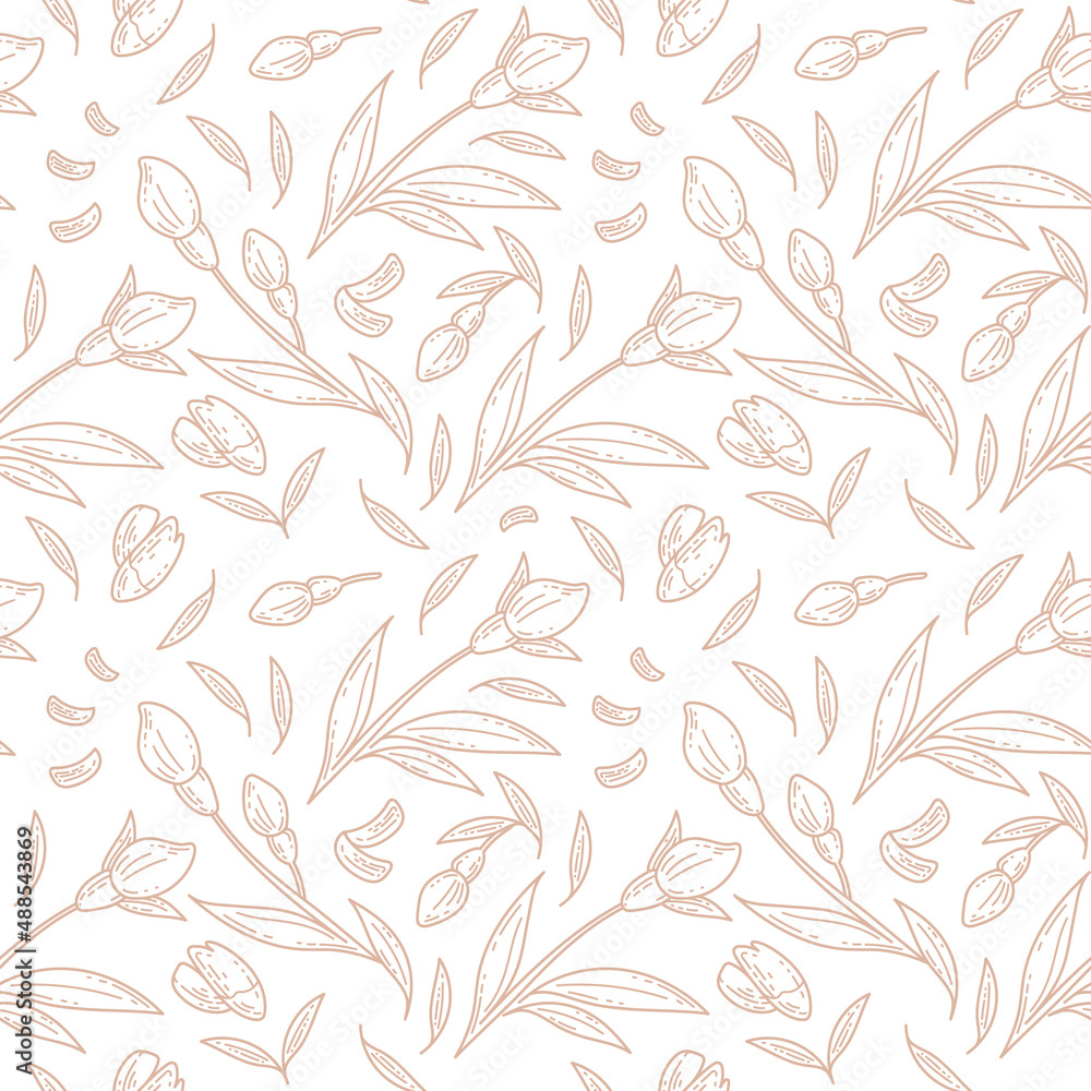 Fototapeta premium Graphic seamless pattern with hand drawn spring flowers, leaves and petals in sketch style. Floral background. Print for textiles, wrapping paper, wallpaper.