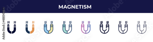 magnetism icon in 8 styles. line, filled, glyph, thin outline, colorful, stroke and gradient styles, magnetism vector sign. symbol, logo illustration. different style icons set.