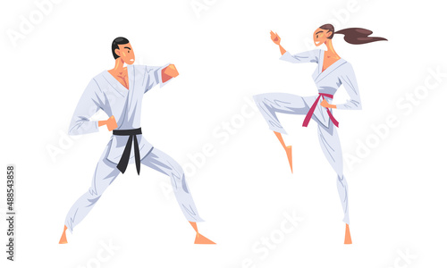 People in kimono practicing karate martial art cartoon vector illustration