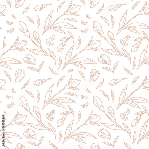 Graphic seamless pattern with hand drawn spring flowers, leaves and petals in sketch style. Floral background. Print for textiles, wrapping paper, wallpaper.